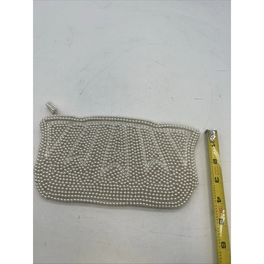 Vintage 1960s Ivory Cream Beaded‎ Small Clutch Zip Hand Made Japan Wedding